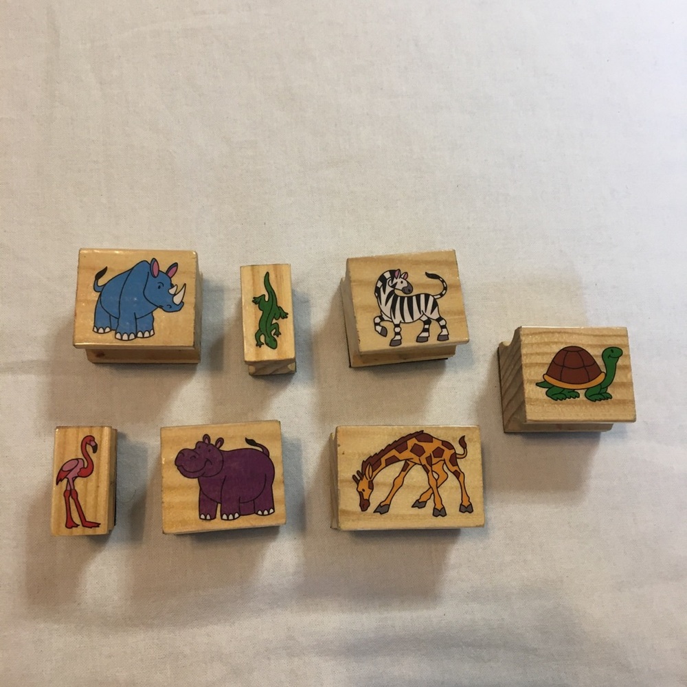 Set of 7 Zoo Animals Wood Mounted Rubber Stamps